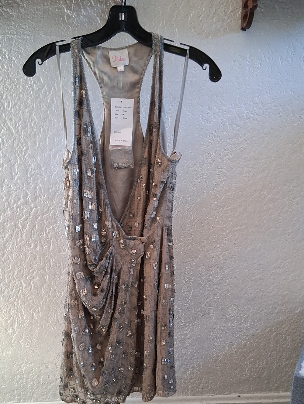 Parker Silver-Taupe Sequined Draped Cocktail Dress